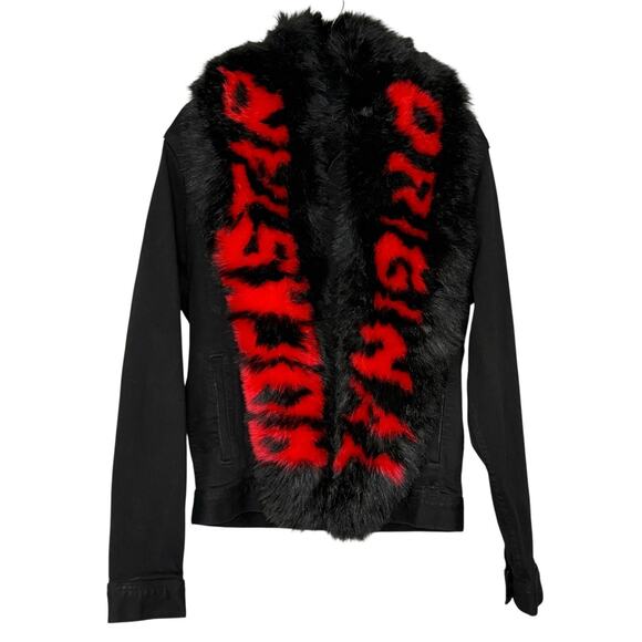 Rockstar Original Denim Jacket Faux Fur Spell Out Black Red Size M - Picture 1 of 8